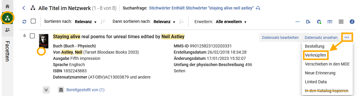 Aktion  Verknüpfen  in der NZ-Suche