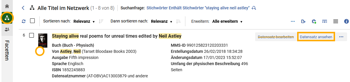 Aktion  Datensatz ansehen  in der NZ-Suche