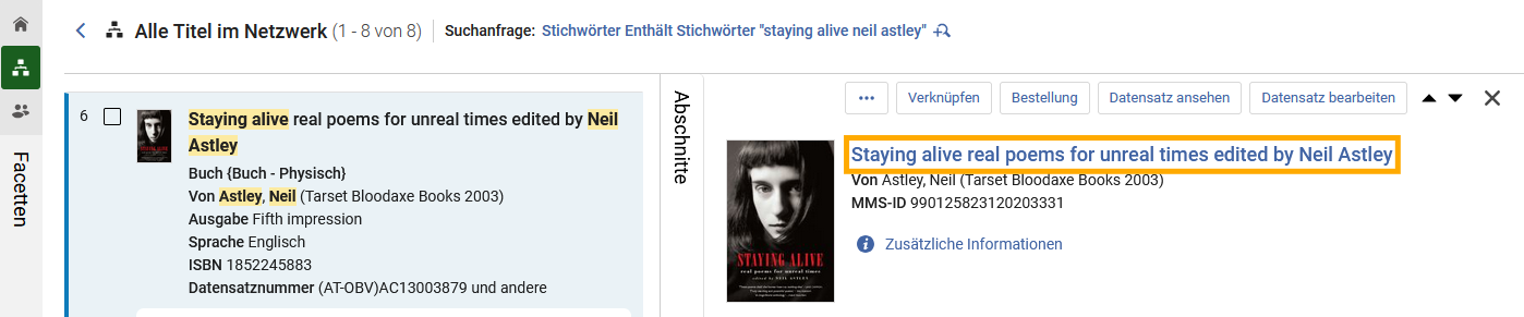 Klick auf den Titel in der Detailansicht (geteilte Ansicht)