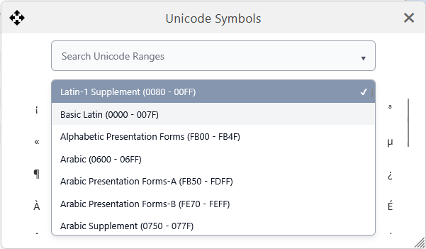 Suchfeld der Unicode-Zeichentabelle in Alma